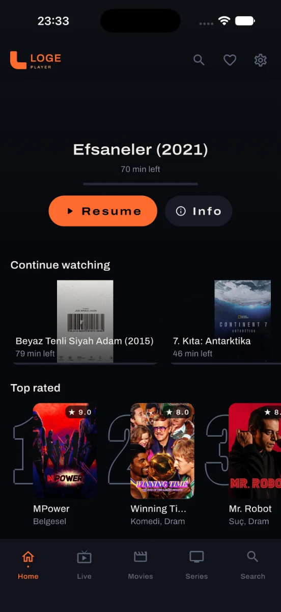Loge's home screen on a phone with a resume card and continue watching row.