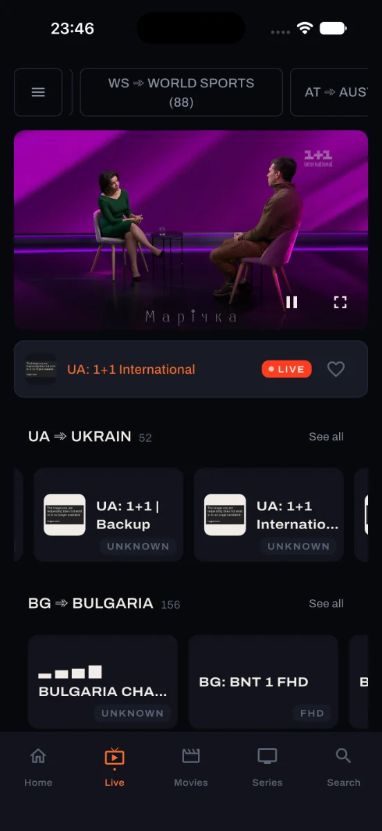 Loge's Live TV screen on a phone, with a playing preview and channel groups by country.