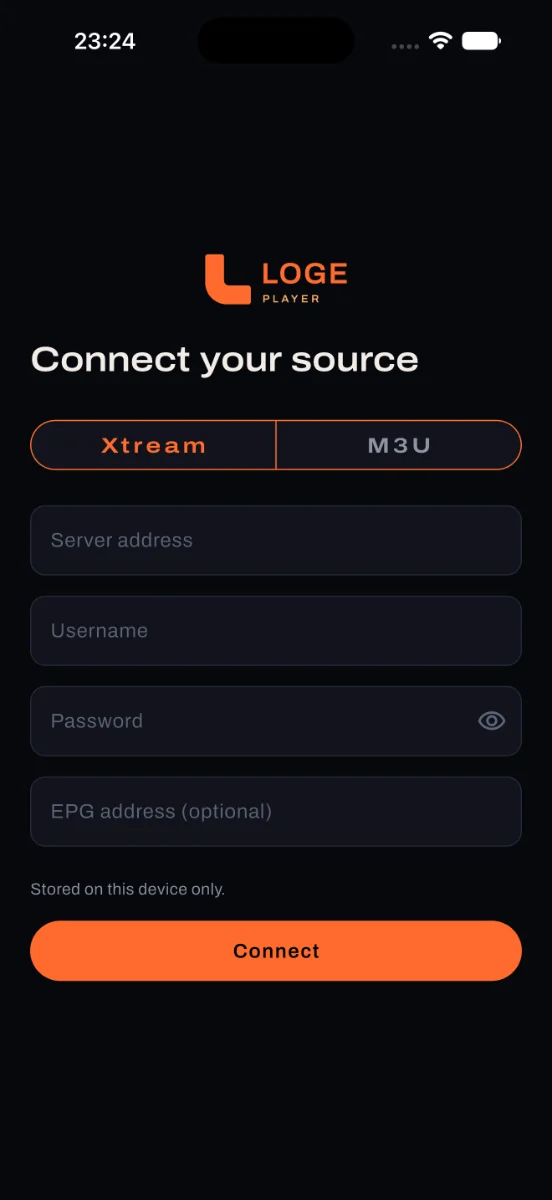 Loge's setup screen on a phone with Xtream and M3U tabs and a connect button.