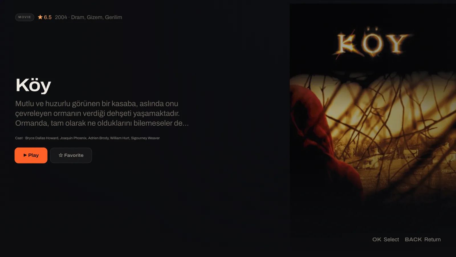 A film page in Loge on a Mac: title, description, rating and a Play button beside the film's poster.
