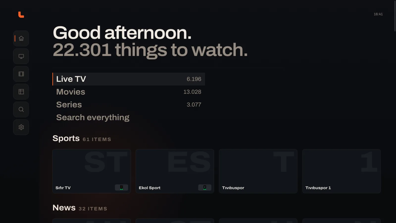 The Loge home screen on a television: the greeting reads Good afternoon, 22,301 things to watch, above shortcuts for Live TV, Movies, Series and Search.