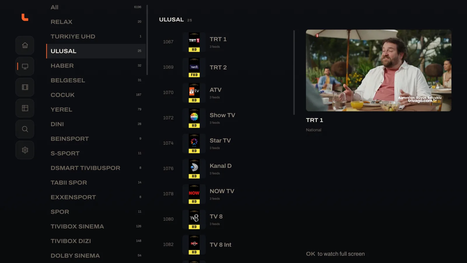 Loge's Live TV screen: channel categories, a numbered channel list with logos, and a live preview playing in the corner.