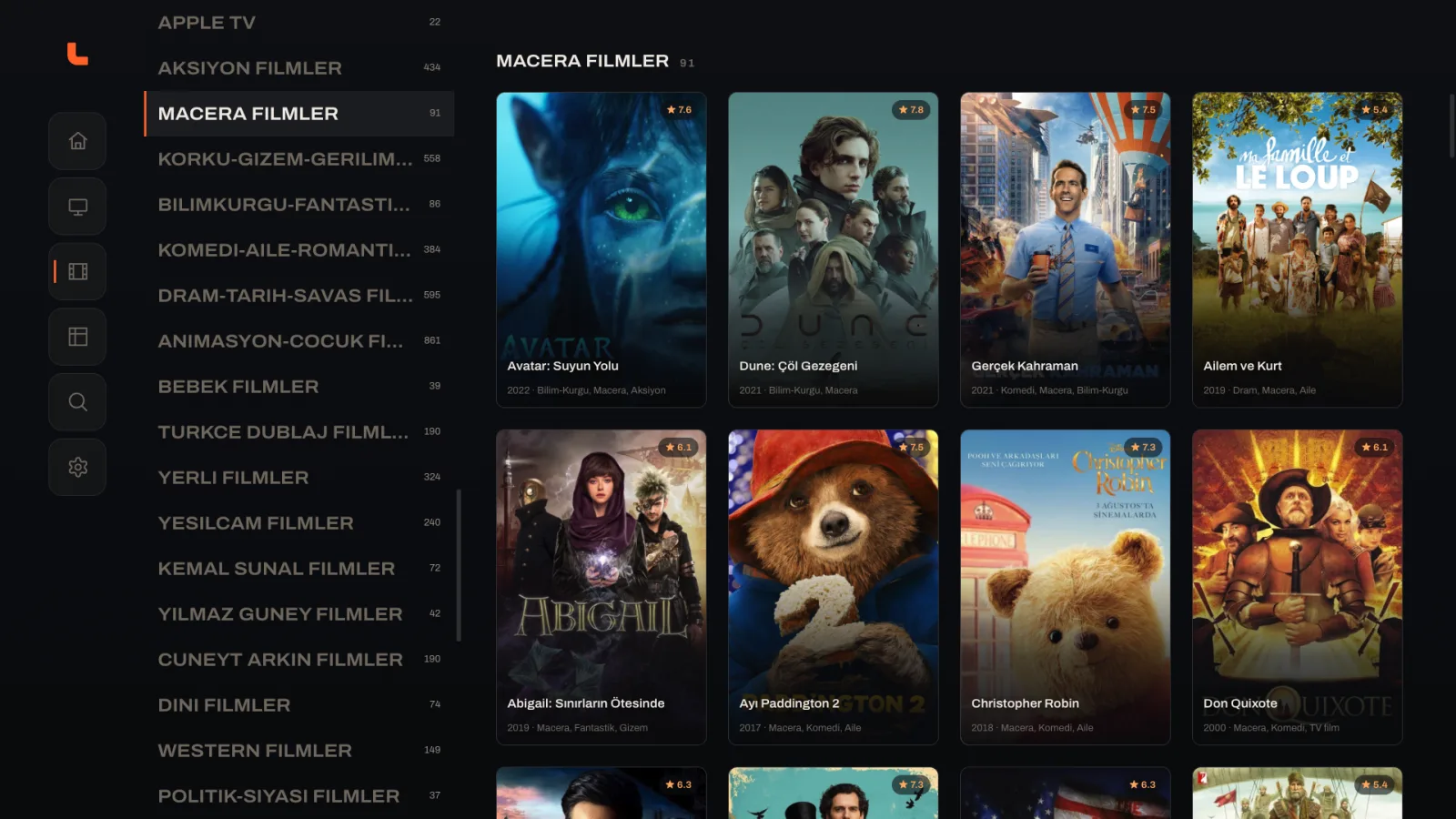 Loge's film library on TV: a grid of film posters with ratings, beside a list of genre categories.
