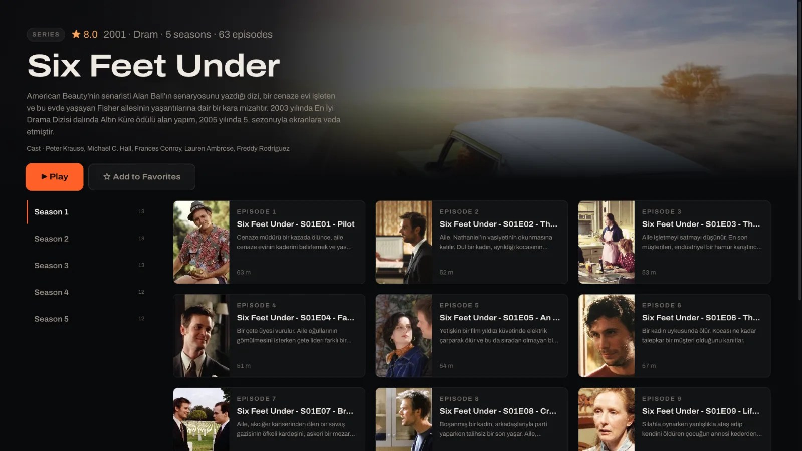 A series page in Loge showing five seasons and an episode grid, each episode with its own description and duration.