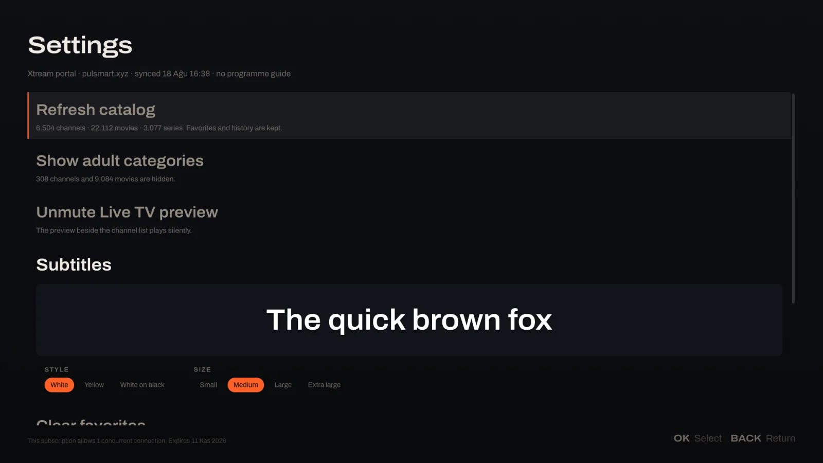 Loge's settings screen with a live subtitle preview reading The quick brown fox, and controls for subtitle style and size.