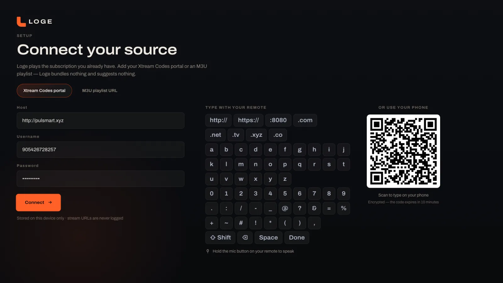 Loge's setup screen on TV: fields for an Xtream Codes portal, an on-screen keyboard, and a QR code for typing on your phone.